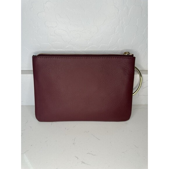 Thacker Burgundy Leather Wristlet Clutch Bag Gold Ring Handle Zip Pouch - Picture 4 of 6